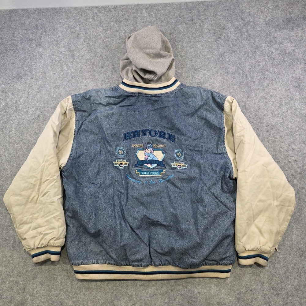 Vintage Disney Store Jacket Mens Large Blue Denim Eeyore Hooded Varsity DISTRESS - Picture 2 of 16